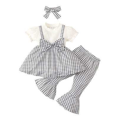 China 3pcs Fashion Baby Plaid Black Bowknot Long Sleeve Top and Flare Pants Set for sale