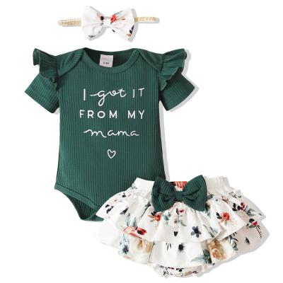 China Fashion Ribbed Embroidery and Floral Letter Print 3pcs Shortsleeve Baby Set for sale