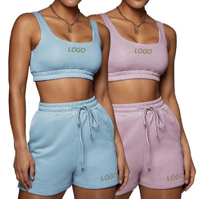 China Latest Summer Breathable Solid Color Hot Customizable Logo Sports Crop Top Sweat Tank Shorts Women Two Piece Set for sale