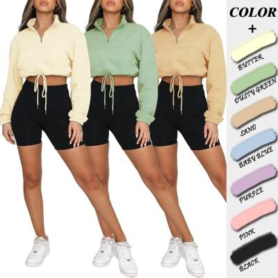 China New Arrival Spring Summer1/4 Zipper Sweatshirt Women Breathable Sweater Shorts Set Set Terry Drawstring Sweatshirt Biker Women Cotton Shorts for sale