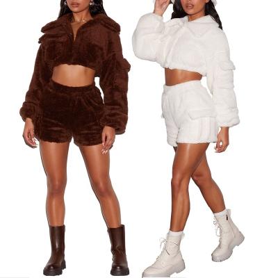 China New Trend Breathable Flap Pocket Folded Collar Button Front Cropped Teddy Jacket And High Waisted Teddy Mini Shorts Set For Women Winter for sale