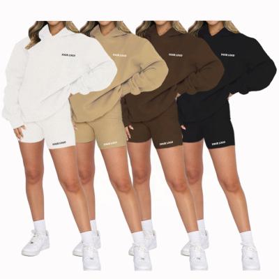 China Breathable Custom Logo Women Two Piece Looselong Sleeve Kangaroo Pocket Drop Shoulder Pullover Casual Women Hoodie Biker Shorts Outfits Se for sale