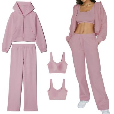 China Cropped Fashionable Anti-pilling Zip Up High Straight Leg Hoodie Jacket &Tank Top Waist Pants 3 Piece Set Tracksuits Women for sale