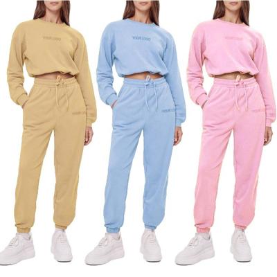 China Breathable Custom Embroidered Logo Cropped Drawstring Sweatpants Suit Womens 2 Piece Set Sweatshirt Set Women for sale