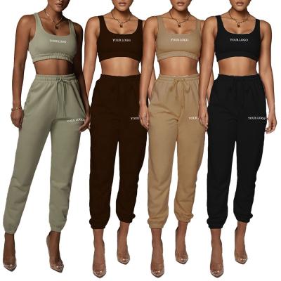 China Breathable Custom Two Piece Fleece Cropped Top Sports Bra and Oversized Elasticized Drawstring Side Pockets Sweatpants for sale