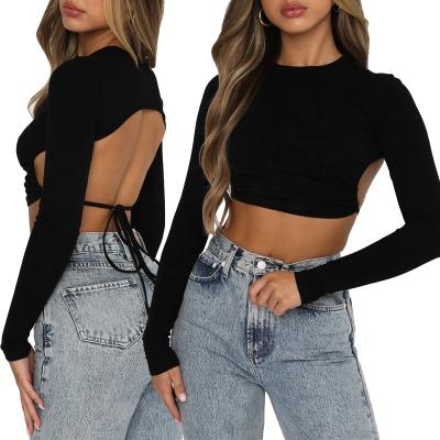 China 2022 Anti-wrinkle hot sale fashion around neck women backless long sleeve crop top hollow out sexy T-shirt Streetwear knitted T-shirt for sale