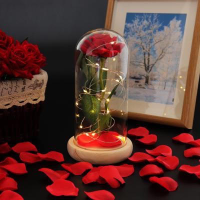 China Europe Luxury Preserved Flower Rose Glass Dome Wood Bell Base with Led Lights for Christmas for sale