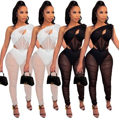 China 2022 QUICK DRY See Mesh Womens Sets Trendy 2 Piece Pants Set For Women Outfits See Through Irregular Two Piece Set Casual Outfits for sale