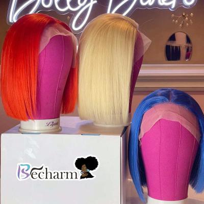 China Peruvian Color Bob Wig, Wholesale Straight Hair Bob Red /613/Blue Wig, Bob Virgin Hair Wave JF Wigs 150% Density Silky Straight Transparent Lace for sale