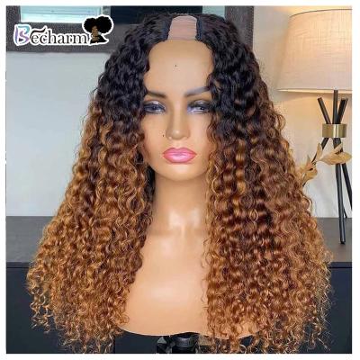 China Curly Virgin Curly Clip In Hair U Part Wigs For Black Women, Indian Remy Hair U Part Wig, Glueless No Lace Up Honey Blonde U Part Wig for sale