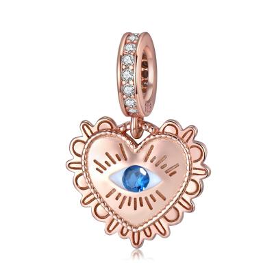 China CLASSIC Heart Shape Devil's Eye Pendant 925 Sterling Silver Bead With CZ Rose Gold Plated For Women Fine Charm Jewelry Bracelet Wholesale for sale