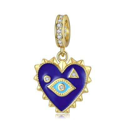 China CLASSIC Blue Demon Eyes Irregular Heart Shape Pendant 925 Sterling Silver Bead With CZ Gold Plated For Women Charm Jewelry Fine Bracelet for sale