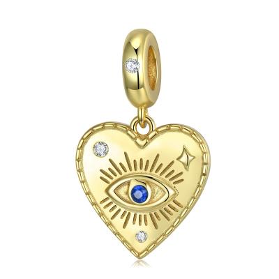 China Romantic Heart Shape Devil's Eye Pendant 925 Sterling Silver Bead With CZ Gold Plated For Women Fine Charm Jewelry Bracelet Wholesale for sale