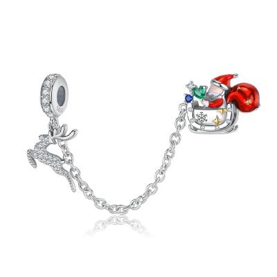 China Real 925 TRENDY Zircon Enamel Santa and Elk Safety Chain Sterling Silver Charm Luxury Beads Fit Original Bracelet Jewelry Christmas Gift for sale