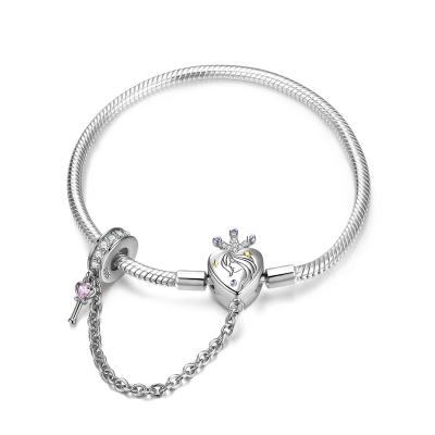 China Authentic TRENDY 925 Sterling Silver Snake Charm Bracelet with CZ DIY Heart Shape Queen Safety Chain Bracelet Women Jewelry Wholesale for sale