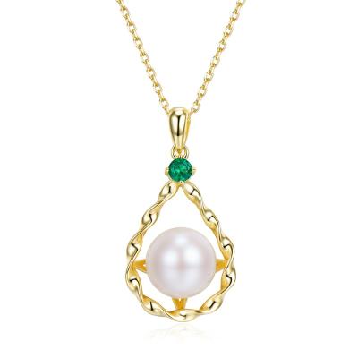 China FASHIONABLE Drop Authentic Silver Shape Natural 925 Pearl Pendant Necklace For Women Shiny Green Gem Gold Necklace Elegant Jewelry Wholesale for sale