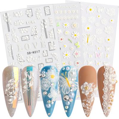 China Paper + PET+ Ink + Glue 5D-K001-100 Series Flower Lace Sticker Decal Wedding Nail UV White Embossed Adhesive Art Designs Halloween Christmas for sale