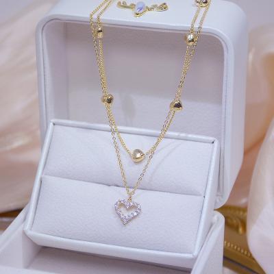 China Double Layer Color Gold Cubic Zircon Clavicle Chain Heart Pendant Necklace Lead Free Nickel Free Bling 14k Shiny Gold Real for sale