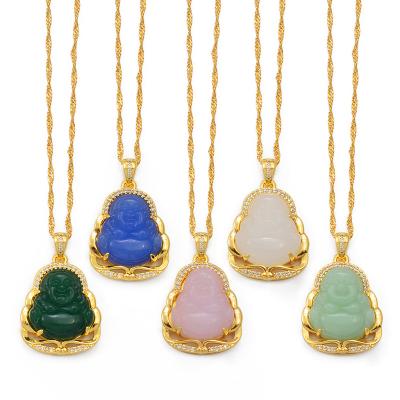 China Lead and Nickel Free Wholesale Multi Color Natural Navy Blue Crystal Mini Stainless Steel Religious Maitreya Jade Buddha Pendant Necklace for sale