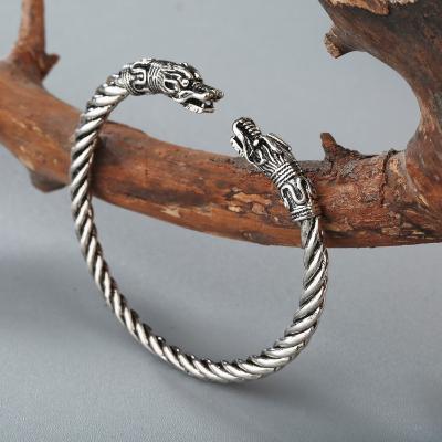 China Scandinavian Men's Costume Accessories Viking Dragon Bangle Antique Jewelry Silver Color Nordic Animal Cuff Bronze Open Bangle for sale