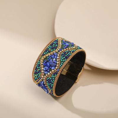 China Retro Bohemian Women's Style Punk Rhinestone Bracelet Fashion Full Beading Handmade Beading Personality Charm Bracelet Cuff Jewelry Woman for sale