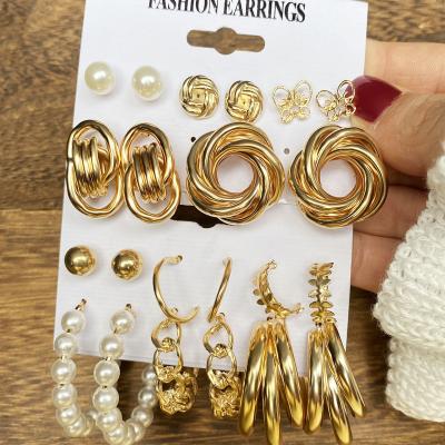 China Retro TRENDY Gold Earrings Set Earrings 6 Piece Set French European and American Border Geometric Inlaid Pearl Earrings for sale