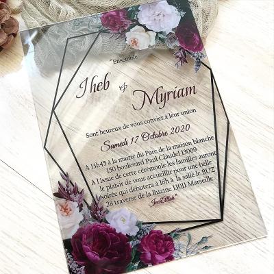 China Wedding Clear Acrylic Flower Templates Custom Wedding Event Concert Sign Invitation Acrylic Card Board Panel Wedding Invitations In Various Shapes for sale