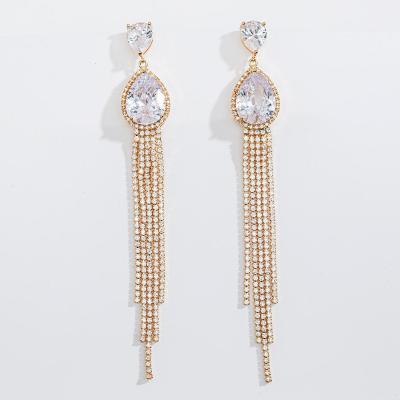 China Fashionable Wholesale 18k Gold Plated Jewelry Pear Cut Clear CZ Long Tassel Earring for sale