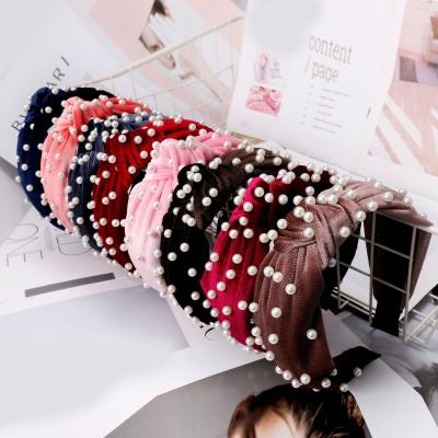 China Wholesale Korea Fabric Fashion Women Hair Hoop Headband Custom Women Beads Velvet Knot Head Hoop For Girl for sale