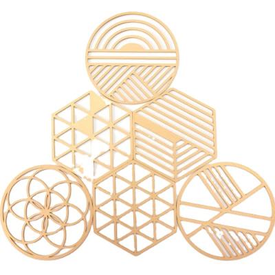 China Creative High Quality Gold Brass Geometric Design Metal Drink Coasters Empty Stocked Laser Cut Metal Coaster Stand for sale