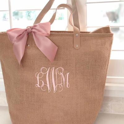 China Wholesale Personalized Summer Large Bridesmaid Monogram Bow Burlap Beach Bag Eco-Friendly Handbag To Gift for sale