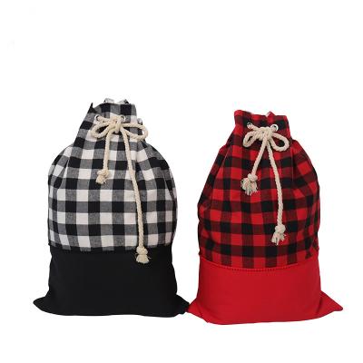 China Qucmality Santa Sack Kid Canvas Santa Drawstring Top Return Santa Sack Blank Red and Black Plaid for sale