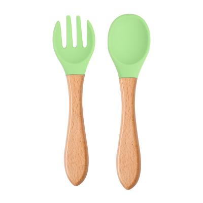 China Baby Spork BPA Free Kids Children Silicone Spoon Fork Free Infant Wooden Tableware Feeding Set for sale