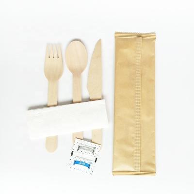 China 16cm Birch Wooden Spoon Knife Fork Napkin Salt Pepper Biodegradable Set in Paper Bag for sale