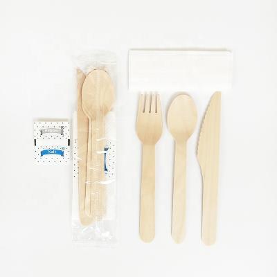 China Rerise Disposable Birch Wood Fork Knife Spoon Napkin Salt/Pepper Set With Plastic Bag for sale