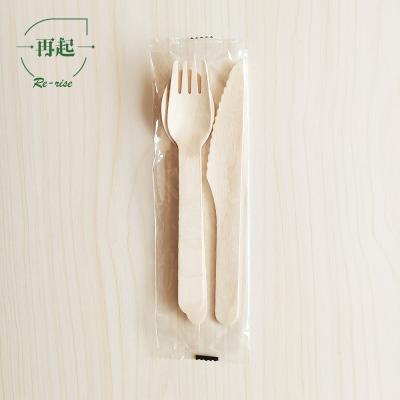 China Eco-friendly Compostable Biodegradable OPP Disposable Plastic Bag Wrapped Wooden Spoon Fork Knife Set for sale