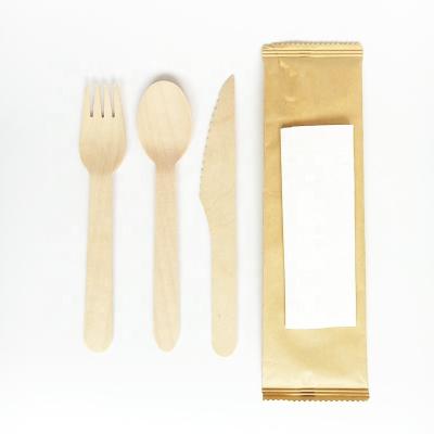 China Hot Selling Biodegradable 6.3 Inch Birch Wooden Spoon Fork Knife Napkin Set In Paper Bag Or Plastic Bag for sale