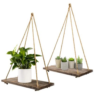 China Black Wood Wholesale 2 Solid Wood Set Hanging Rustic Home Wall Shelf, For Bedroom, Living Room, Plants Pot for sale