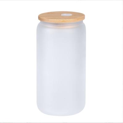 China Sustainable New Arrival 12oz 16oz Sublimation Glass Can Tumbler With Bamboo Lid And Straw for sale