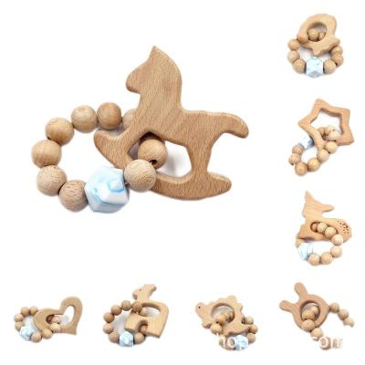 China 100% Eco-friendly Natural Beech Wood Baby Pacifier Clips Round Wooden Teething Beads Clips Baby Soother Holders Bed Hanging Teether Toy for sale