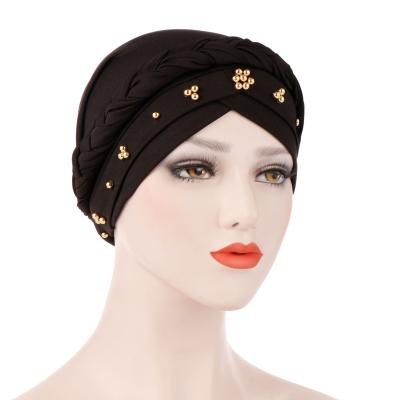 China Amazon Muslim Milk Silk/Polyester Milk Silk/Polyester Braid Tied Chemo Cap Muslim Scarf Elastic Hijab Turban Hat Dye Islamic Muslim Printed Turbans For Women for sale