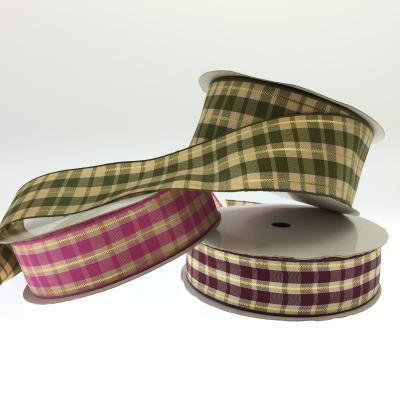 China Sufficient 100% POLYESTER Polyester Check Ribbon with Gold Thread Gold Line Woven Tartan Ribbon Gingham Ribbon with Gold Thread for sale