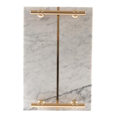 China Wholesale Eco-friendly Marble Tray Marble Serving Tray Marble Manufacturer Breakfast Tray With Metal Handle for sale