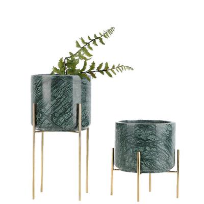 China Casual Wholesale Natural Marble Vase For Living Roomplant Stand Flower Pot With Gold Metal Base Green Marble Vase for sale