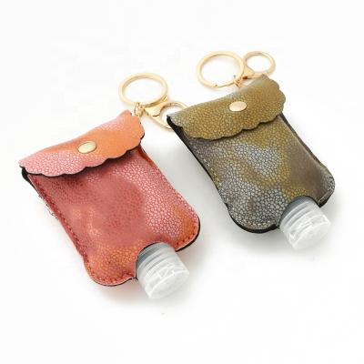 China Europe Hot Selling Hand Sanitizer Bottles Holder Travel Leakproof Plastic Bottle Head Chain PU Leather Portable Hand Sanitizer for sale