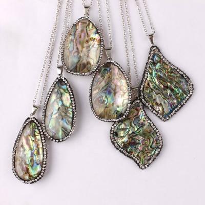 China FASHIONABLE Pave Crystals Unique Abalone Shell Stone Long Chain Pendant Necklaces For Women for sale