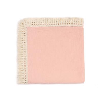 China PORTABLE Newborn Baby Cotton Muslin Blankets Bedding Tassel Wrap Infant Gauze Fringed Swaddle Photography Wrap Blanket for sale