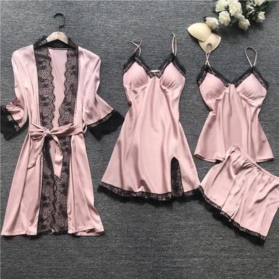 China QUICK DRY Long Sleeve Women's Pajamas Sexy Sleepwear 3PC Underwear Nightgowns Lace Lingerie Pajamas Sets For Women Pijama Mujer for sale