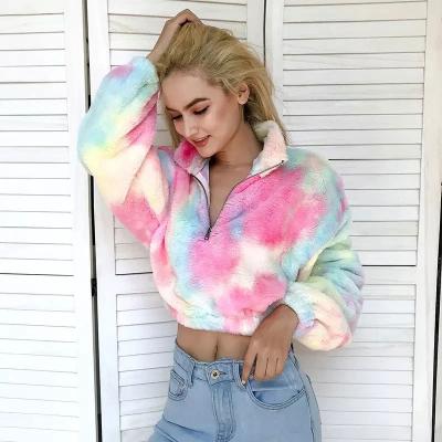 China Breathable 2021 Snap Sale Autumn And Winter Tie-dye Colorful Faux Lambskin High-neck Zipper Long Sleeve Jacket for sale