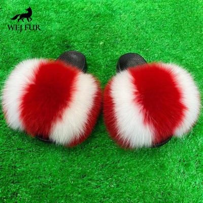 China Lightweight Professional Design Fox Fur Slides Large Fur Slippers Smudge Fur Slides for sale